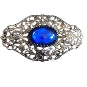 Vintage Cobalt Blue Stone Ornate Filigree Antiqued Brass Pin/Brooch Jewelry